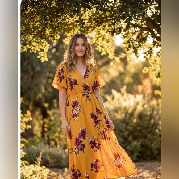 one clothing Dresses & Skirts - One Clothing Yellow with Magenta Flowers Summer/ Spring Dress, Size Small